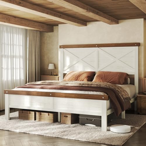 HOMiGroPa Queen Size Farmhouse Bed Frame with 51" Tall Barn Door Headboard & Footboard, Platform Bed Frame with Wood Slats & Under Bed Storage Space, Noisy Free, No Box Spring Needed, White