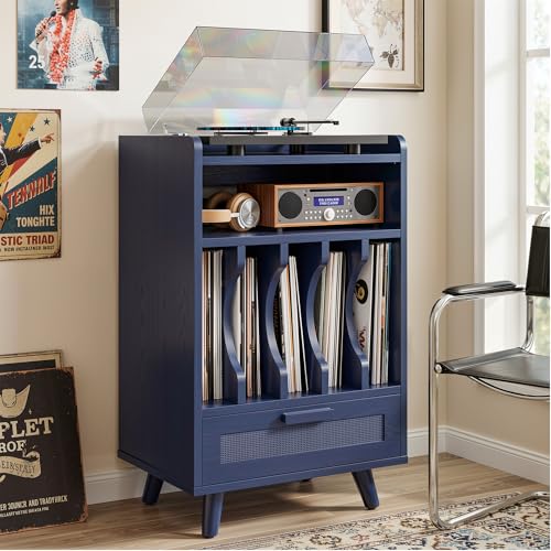 With Power Outlets, 1 Drawer & Vinyl Storage Up To 150 Albums, Wooden Turntable Stand For Files/book/lp, Mid-century Modern Media Cabinet For Small Spaces, Blue