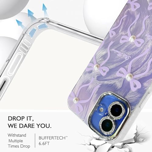 Image of VONZEE Compatible with iPhone 16 Plus 6.7'' Case Luxury Pink Girly Cute 3D Bow Pearl Glitter Bling Case with Full Camera Protection Shockproof PC+TPU Glossy Shiny Cover for Girls Women,Purple