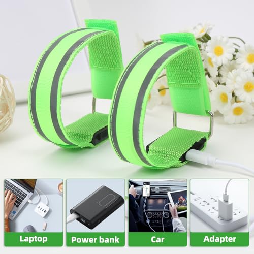 Wishstar led Armband aufladbar, 2 Stück leuchtband Grün, leucht Armband lauflicht joggen, leuchtarmband joggen zubehör, Sicherheits Licht, Reflektorband leuchtbänder arm für Radfahren, Joggen Unisex