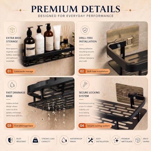 Image of Niwlix Self Adhesive Bathroom Organiser Without Drill Accessories Set | Wall Mounted Bathroom Shelves | Aluminum Bathroom Organizer Rack for Bathroom Accessories (Black)