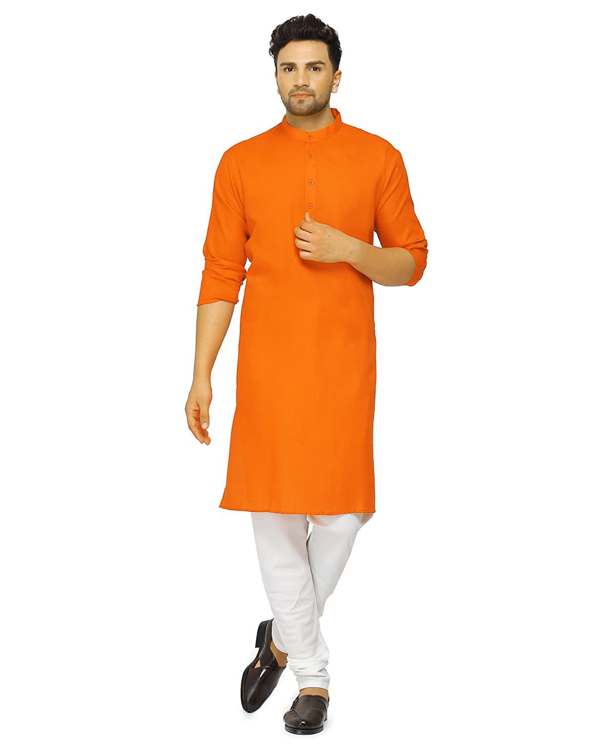 ashtang Men's Cotton Blend Solid Regular Fit Plain Kurta (PLN K= ORG 44_Orange_2XL)-picture-11
