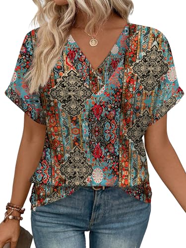 WIHOLL Blouses for Women Plus Size Spring Clothes Dressy Casual Short Sleeve Tops V Neck Shirts Business Clothes Vintage Boho 3XL