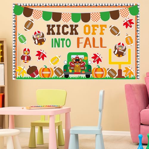 Image of Fall Football Bulletin Board Kick Off into Fall Bulletin Border Autumn Turkey Maple Leaves Pumpkin Cutouts Thanksgiving Theme Sport Bulletin Decorations Set for School Classroom Home Window Wall Decor