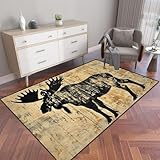 PeeNoke Rustic Mountain Animal Forest Hunting Silhouette Wood Texture Dark Area Rug Outdoor Patio Rug Play Mat Modern Floor Carpet Non-Slip Home Decor Living Room Kids Bedroom Nursery, 3x5 ft