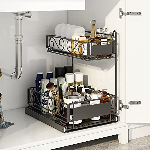 Under Sink Organizers And Storage,All Metal Pull-Out Sliding Drawers With Wheels 2-Tier Large Capacity Heavy Load Vanity Cabinet Organizer Shelf Rack For Bathroom And Kitchen, Black #TOP3
