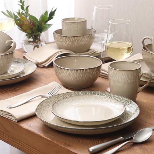 Image of Gibson Elite Jasper 16 Piece Plates and Bowls Reactive Glaze Dishes Stoneware Ceramic Dinnerware Set - Service for 4 - Taupe