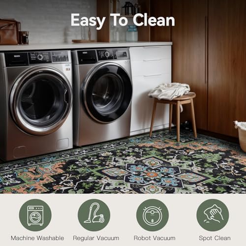 5x7 Area Rugs, Vintage Washable Area Rug for Living Room, Floral Boho Area Rugs for Bedroom, Office, Non-Slip Colorful Rug, Traditional Vintage Style, Plush Low-Pile Soft Carpet, Dark Green