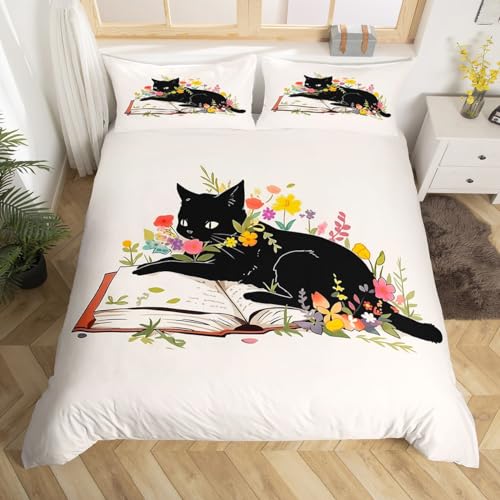 Manfei Cute Cat Duvet Cover,Cartoon Pet Animal Reading Book Print King Size Duvet Cover for Kids Adults,Nature Watercolor Blooming Flowers Soft Comforter Cover(No Filler) with Zipper Closure