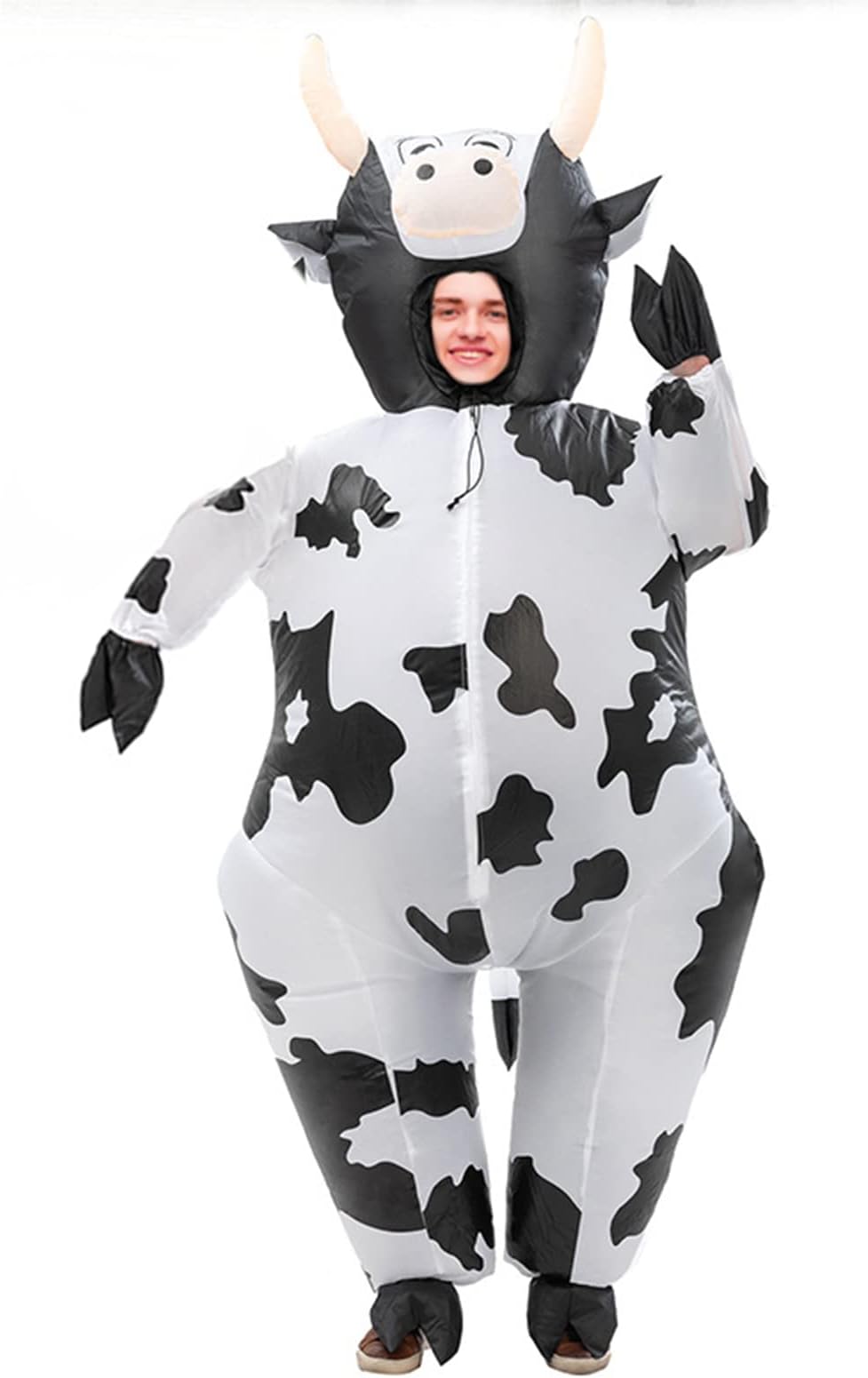 Inflatable Cow Costume Adult Cow Blow Up Suit Halloween Costume Jumpsuit Fancy Party Christmas Inflatable Suit (White, L:4.9ft to 6.2ft)