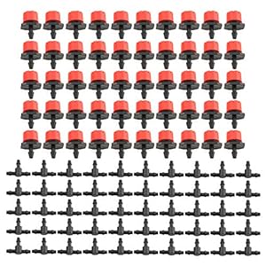 DGZZI Irrigation Dripper 50PCS Adjustable Drip Irrigation Sprinkler with 50PCS 1/4 Inch Irrigation Tee Drip Irrigation Kit for Misting Watering Plant Cooling System