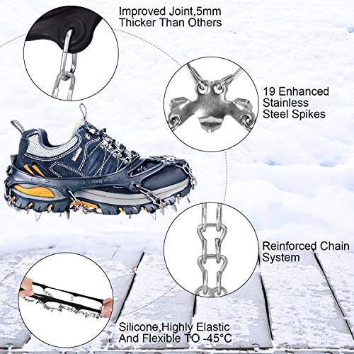 Tevlaphee Crampons Ice Cleats Traction Snow Grips For Boots Shoes Women Men Kids Anti Slip 19 Spikes For Walking Jogging Climbing Fishing Hiking And Climbing Mountaineering (Schwarz, M) #TOP2