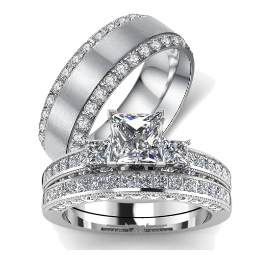 wedding ring set Two Rings His Hers Couples Matching Rings Women's 2pc White Gold Filled Square CZ Wedding Engagement Ring Bridal Sets & Men's Titanium Wedding Band