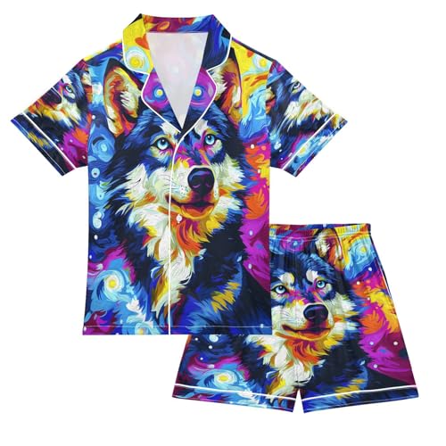 ALAZA Wolf Colorful Abstract Satin Pajamas Set Short Sleeve Button Down Sleepwear Summer Pjs 2 Piece