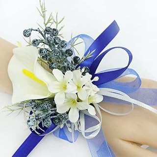 Set Wrist Corsage Shoulder Corsage Corsage Wristlet Band Prom Corsage White Roses Blue Wrist Wedding Bracelet Flowers Groom Suit Buttonhole Brooch Marriage Artificial (Color : Wrist-3)
