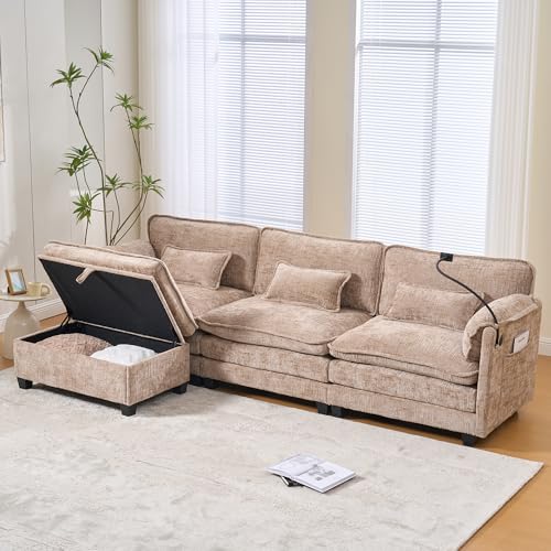 VIVCA Moderno cojín de chenilla de 2 plazas, relleno de espuma y espuma viscoelástica, con puerto USB, bolsillo lateral, soporte para teléfono móvil y taburetes modulares. Ideal para sala de estar y