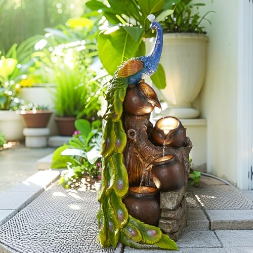 Image of Glitzhome 4-Tier Peacock and Jars Outdoor Water Fountain with LED Light, 40 inchH Oversized Resin Peacock Sculpture Waterfall Fountain with Submersible Pump for Garden Patio Porch
