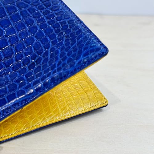 Image of HATA Blue Yellow Bifold Leather Wallet for Men, Exotic Double-Sided Leather Wallet with RFID Blocking, Slim Credit Card Holder, Handmade Gift for Birthday, Anniversary, Father's Day HDV774