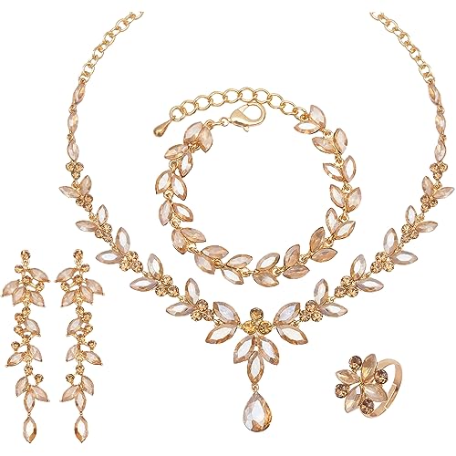 CSY 4 Pcs Elegant Bridal Jewelry Sets Austrian Marquise Crystal Wedding Necklace Dangle Earrings Tennis Bracelet Ring Set for Bride Women Costume Accessories