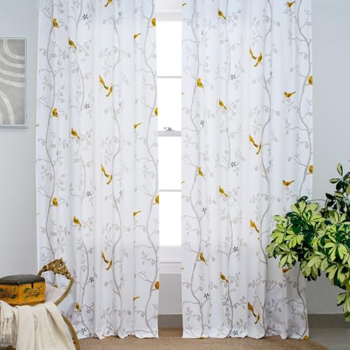 Tranquebar Curtain Co. Bird Print Door Curtain - Room Darkening, 213 cm (7 Feet), Yellow, Set of 2, Cotton Fabric, Eyelet, Design Yori- Door Curtains 7 Feet Long, Living Room, Bedroom, Kids Room
