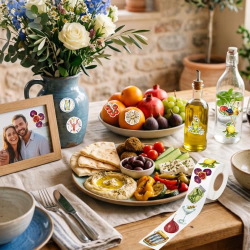 Image of 2 Roll Mediterranean Food Waterproof Vinyl Sticker for Scrapbook | Oil-Resistant Vinyl Strong Adhesion No Residue Easy Peel & Stick for Journals Water Bottles Laptops Kitchen Decor Travel