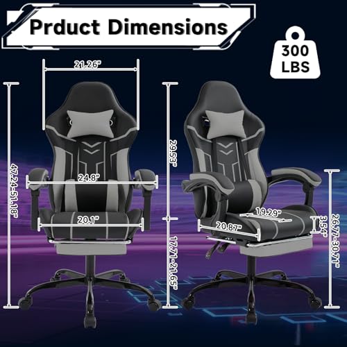 Image of Gaming Chair with Headrest and Lumbar Support, High Back Computer Office Desk Chair with Footrest, 360 Swivel Height Adjustable Recliner Game Chair (Gray Black)