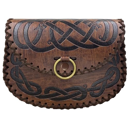 HiiFeuer Sac de Ceinture gaufré Viking, Sac à Dos médiéval en Simili-Cuir, Pochette de Ceinture portative pour Le Moyen-Âge LARP Ren Faire (Marron A)