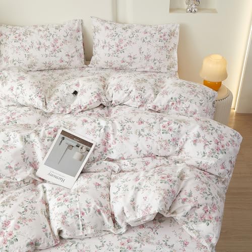 Image of VM VOUGEMARKET Queen Duvet Cover Set Pink Floral Bedding Set on White 100% Cotton Reversible Vintage Comforter Cover with Zipper&Ties