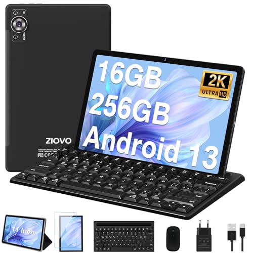 ZIOVO Tablet 11 Pulgadas Android 13 Tablet PC, Cuerpo metálico,16GB RAM+256GB ROM(1TB TF) | Octa-Core | 2.0 GHz | 5G WiFi/2000 * 1200 FHD/8600mAh/ 5+13+2MP/ BT 5.0 /AGPS/con Teclado + Caso - Negro