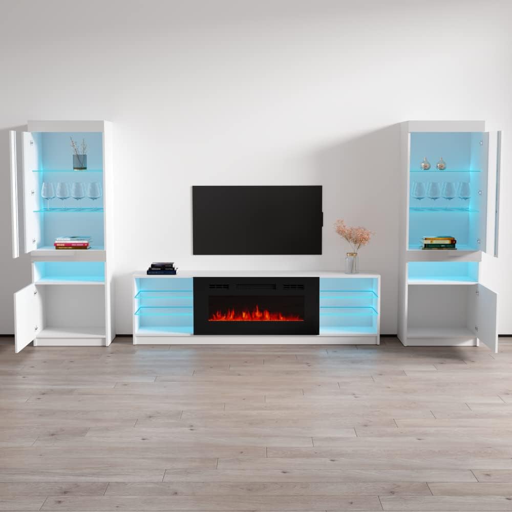 Meble Furniture Boston 01 Electric Fireplace TV Stand — Floating Entertainment Center with LED Lights and Komi Bookcases — Engineered Wood, 70.9" W x 15.7" D x 35.4" H — White