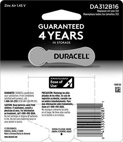 Image of DURACELL Hearing Aid Batteries Brown Size 312, 16 Count Pack, 312A Size Hearing Aid Battery with Long-Lasting Power, Extra-Long EasyTab Install for Hearing Aid Devices (Pack of 2)
