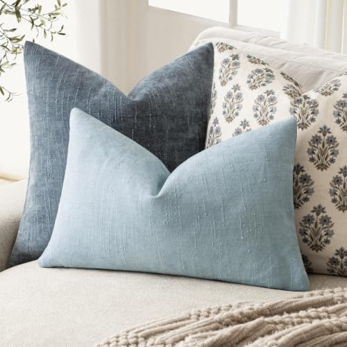 Image of Foindtower Pack of 2 Soft Textured Chenille Throw Decorative Pillow Covers Lumbar Accent Solid Cushion Cover Cozy Farmhouse Pillow Case with Zipper for Couch Sofa Bed Living Room 12x24 Inch,Light Blue