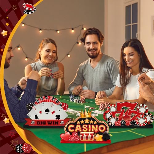Image of CroBlissful 6 Pcs Casino Theme Table Centerpieces Casino Theme Party Decorations Poker Chips Poker Machines Dice Spades Wooden Signs for Birthday Party Decoration