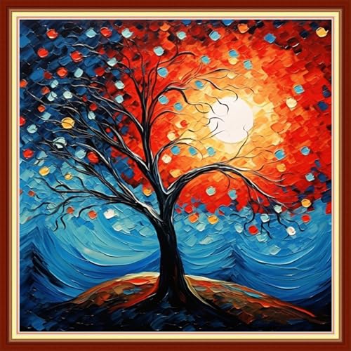 Image of Joyhoor Stamped Cross Stitch Kits for Beginners, Needlepoint Kits for Adults, 11CT Counted Embroidery Kits-Moonlight Tree 18x18 inchs