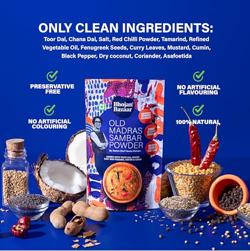 Image of Bhojan Bazaar Old Madras Sambar Powder - Pack of 2, 70 g Each | No Onion No Garlic Ready To Cook in 10 min | Serves 4 | South Indian Sambar With Dal | Free From Preservatives, Colours & Flavours