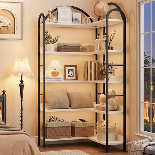 GarveeHome Corner Bookshelf Industrial Bookcase, L Shaped Bookshelf Arched 5 Tier Corner Shelf, Large Bookshelf With Metal Frame, Etagere Shelf Corner Display Rack for Living Room Bedroom