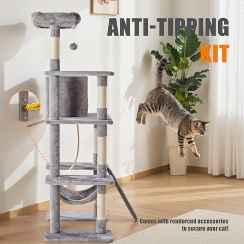Image of Sweetcrispy 63 inch Cat Tree Tower, Large Multi Level Cat Climbing Tower with Condo, Natural Sisal Scratching Posts, Extended Platform, Hammock, Pet House for Indoor Cats and Kittens Play, Grey