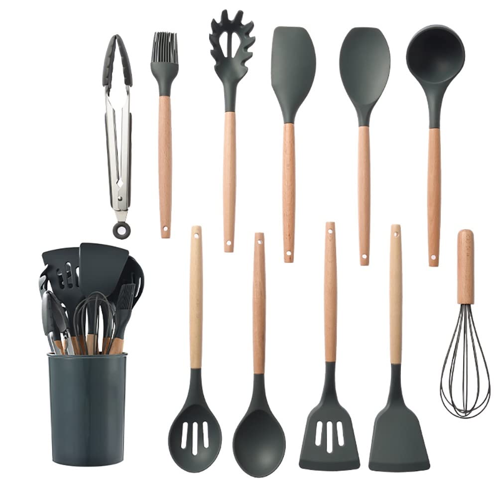 IUokLU Non-Stick Silicone Kitchen Utensils Set with Wooden Handles - Versatile Cooking Tools for Cookware - Green Hue