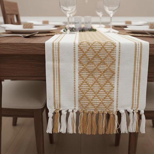 Image of Curated Cart Boho Table Runner 13x70 Inch with Tassels - Cotton Table Runner for 6 Seater Dining Table, Centre Table Runner for Living Room, Farmhouse Dining Table Decor (Brown)
