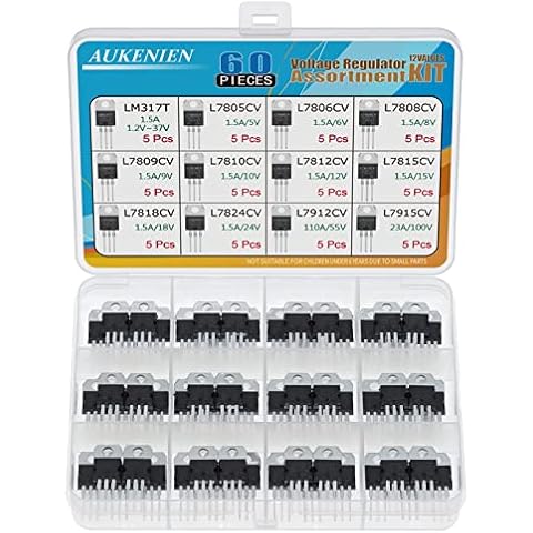 AUKENIEN 12 Werte 60 Stück L7805 LM317 L7806 L7808 L7809 L7810 L7812 L7815 L7818 L7824 L7912 L7915 Positiv Negativ Spannungsregler Sortiment Kit TO-220 Voltage Regulator Cover