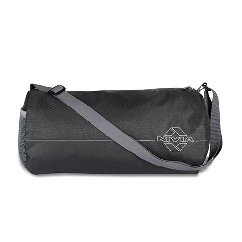 Nivia Basic Polyester Duffle Bag for Men & Women, Side Mesh Pocket, Workout & Training Bag, Suitable for Gym, Fitness, Sports & Travel with Adjustable Shoulder Strap (Black/Grey), Capac
