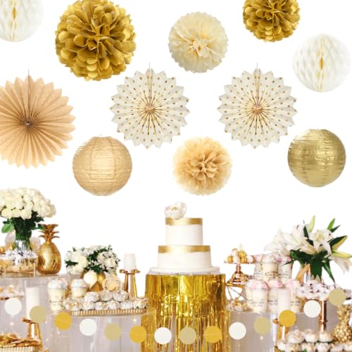 Image of Beige-Gold Happy Retirement Party Decorations Banner Women Men Huglony | 21pcs Retiree Farewell Banner,Streamers,Paper Lanterns,Pom Poms Fans,Work Teacher Retirement Supplies Backdrop Favors