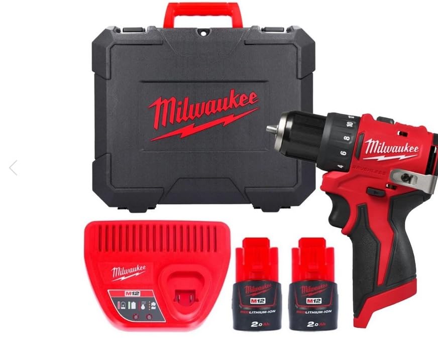 Milwaukee M12BLDDRC-202C - Kit compatto per trapano brushless da 12 V, 2 batterie da 2,0 Ah