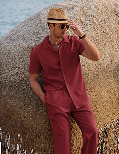 Image of COOFANDY Men 2 Piece Linen Outfit Beach Button Down Shirt Casual Loose Pant Sets