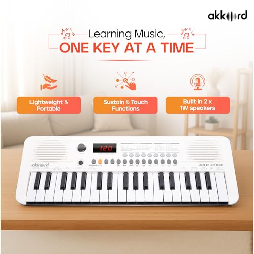 Image of Akkord 37 Keys Music Keyboard - White Edition | MIDI USB-C, Touch Response, 200 Rhythms, Tones & 40 Demos, LED Display, Portable Beginner Piano Compatible with GarageBand.