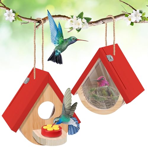 2 Pack Hummingbird Houses with Feeder, Wooden Hanging Bird House Outside, Window Birdhouse for Viewing Inside with Hemp Ropes for Bluebird Finch Chickadee Nesting