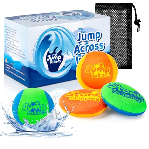 LETREEN 4Pcs Water Skipping Balls for Ocean Beach Lake & Pool 2 Balls & 2 Discs Soft Gel Water Bouncing Ball for Easy Skipping Skim Ball Perfect for Kids & Adults with Net Storage Bag