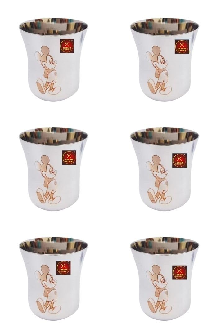 TANISHI KITCHEN'S Stainless Steel Mickey Character Small Drinking Glass for Water/Milk- Set of 6, 100ml Each | Kid-Friendly Cartoon Steel Drinkware | Break-Resistant & Dishwasher Safe