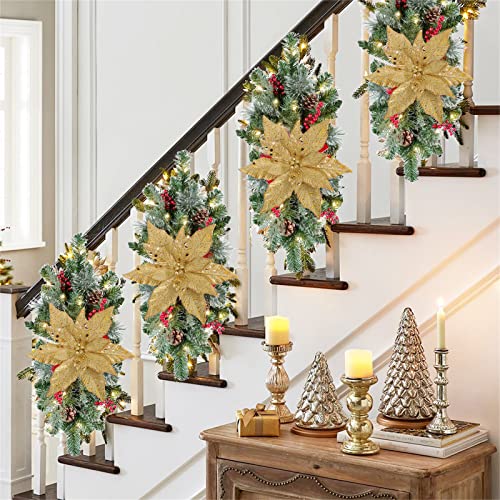Briful 12'' Large Heads Christmas Glitter Poinsettia Flowers Christmas Tree Ornaments Set of 4 Artificial Flowers with Long Stems for Xmas Tree Party DIY Holiday Decorations,Gold by Briful - Image 4