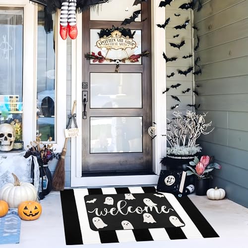 Halloween Door Mat Set, Ghost Welcome Rug with Black White Stripe Runner | 2-Piece Doormat with 17" x 26.8" Friendly Ghost Mat and 23.6" x 35.4" Striped Rug; Linen Surface With Non-Slip Backing - image 5